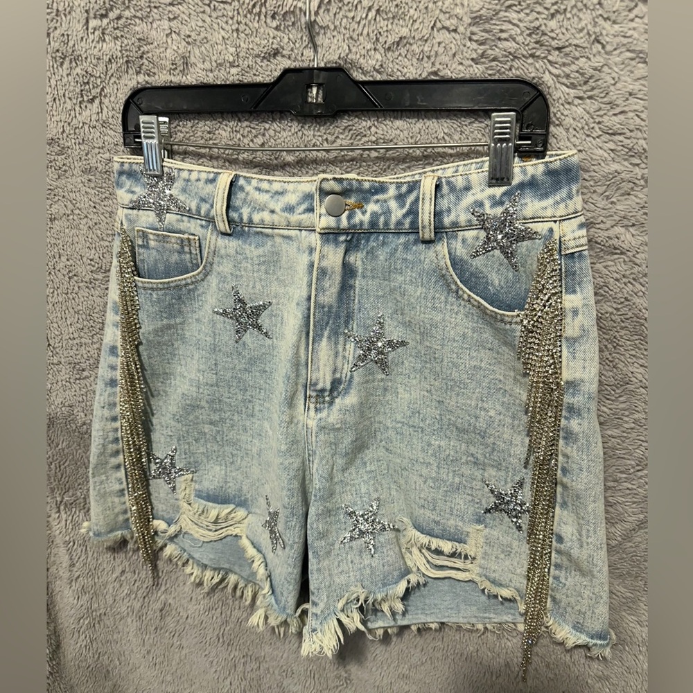 Blue B Denim Shorts Womens Large Fringe Rhinestone Cut Off Stars High Rise Jean - Picture 2 of 11
